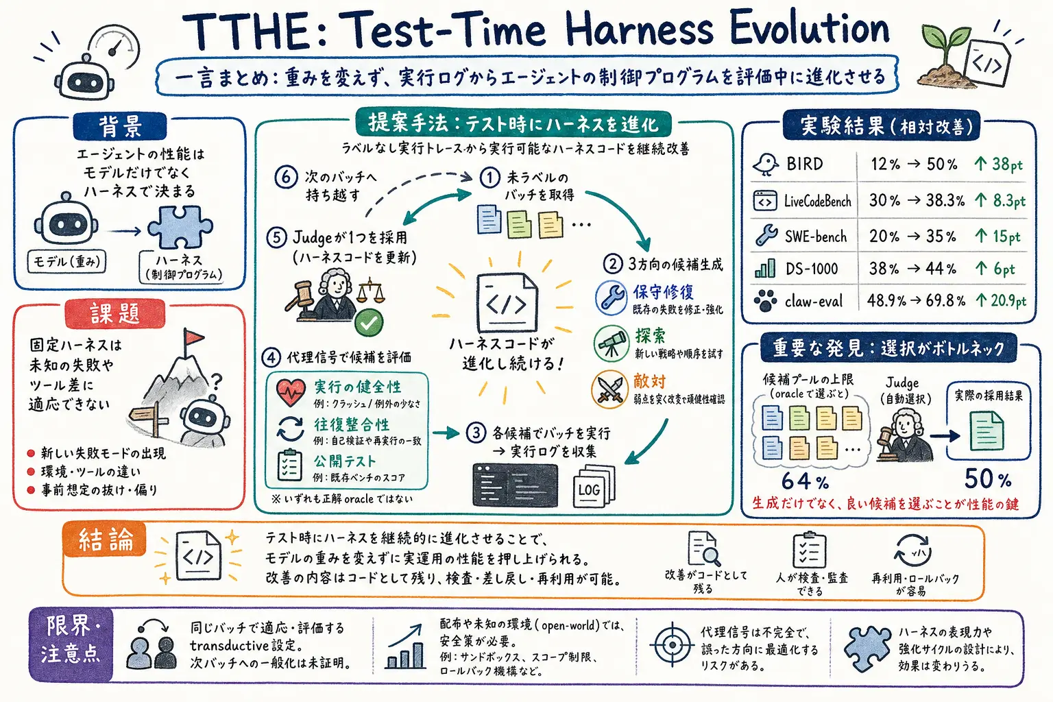 TTHE: Test-Time Harness Evolution のグラレコ