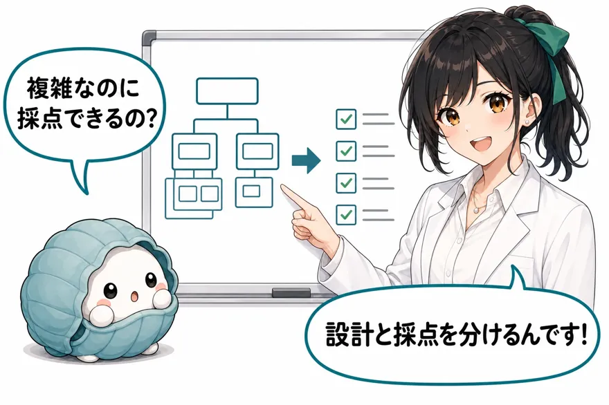 かき丸「複雑なのに採点できるの?」おい丸「設計と採点を分けるんです!」