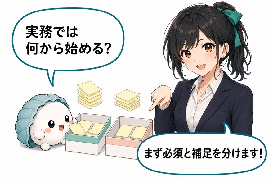 かき丸「実務では何から始める?」おい丸「まず必須と補足を分けます!」
