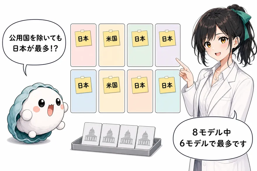 かき丸「公用国を除いても日本が最多!?」おい丸「8モデル中6モデルで最多です」