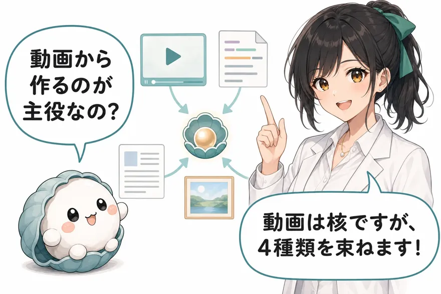 かき丸「動画から作るのが主役なの?」おい丸「動画は核ですが、4種類を束ねます!」